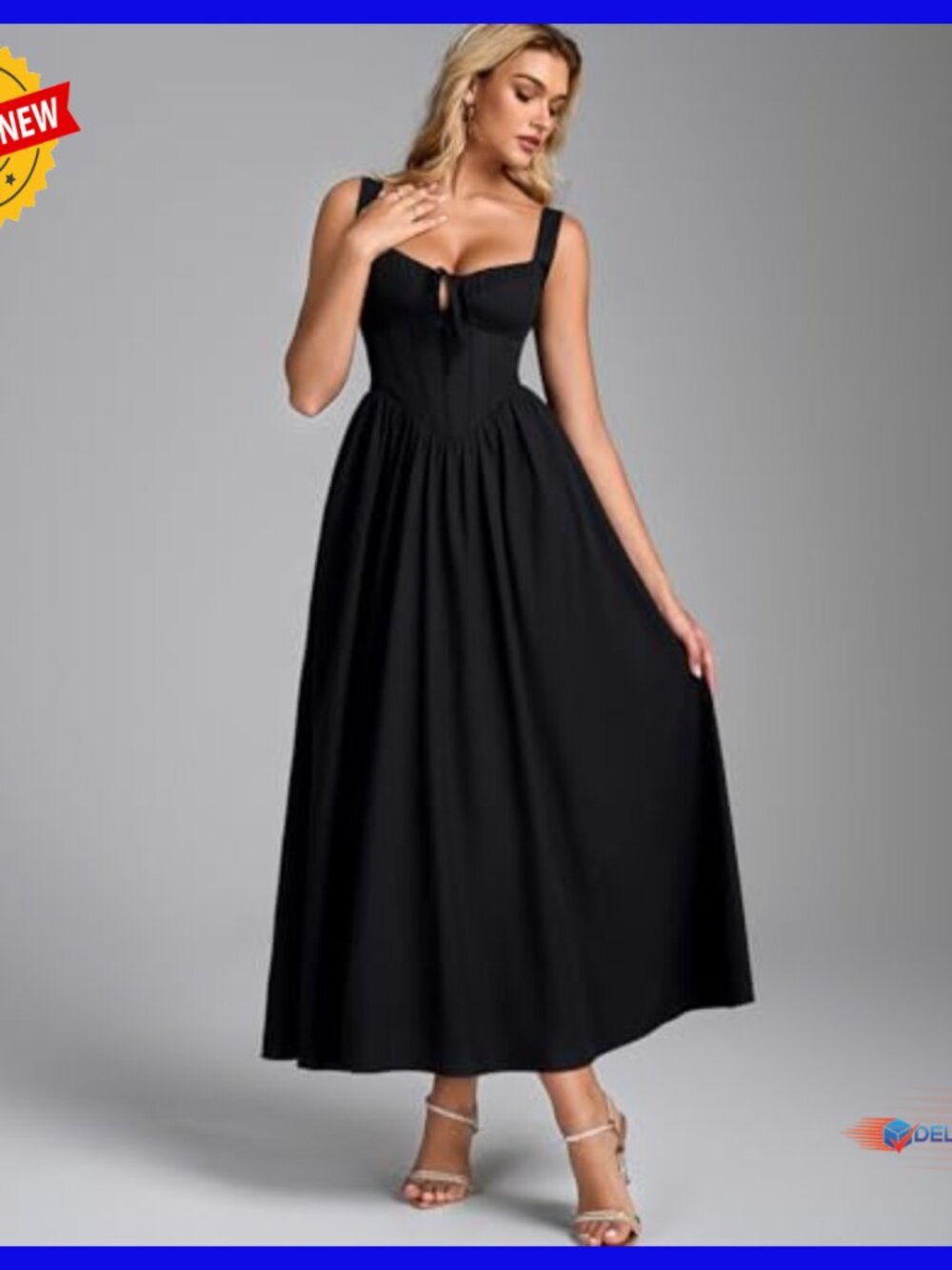 Corset Midi Dress Lace Up Back A-Line Flowy Formal Wedding Guest Sundress - Picture 5 of 6